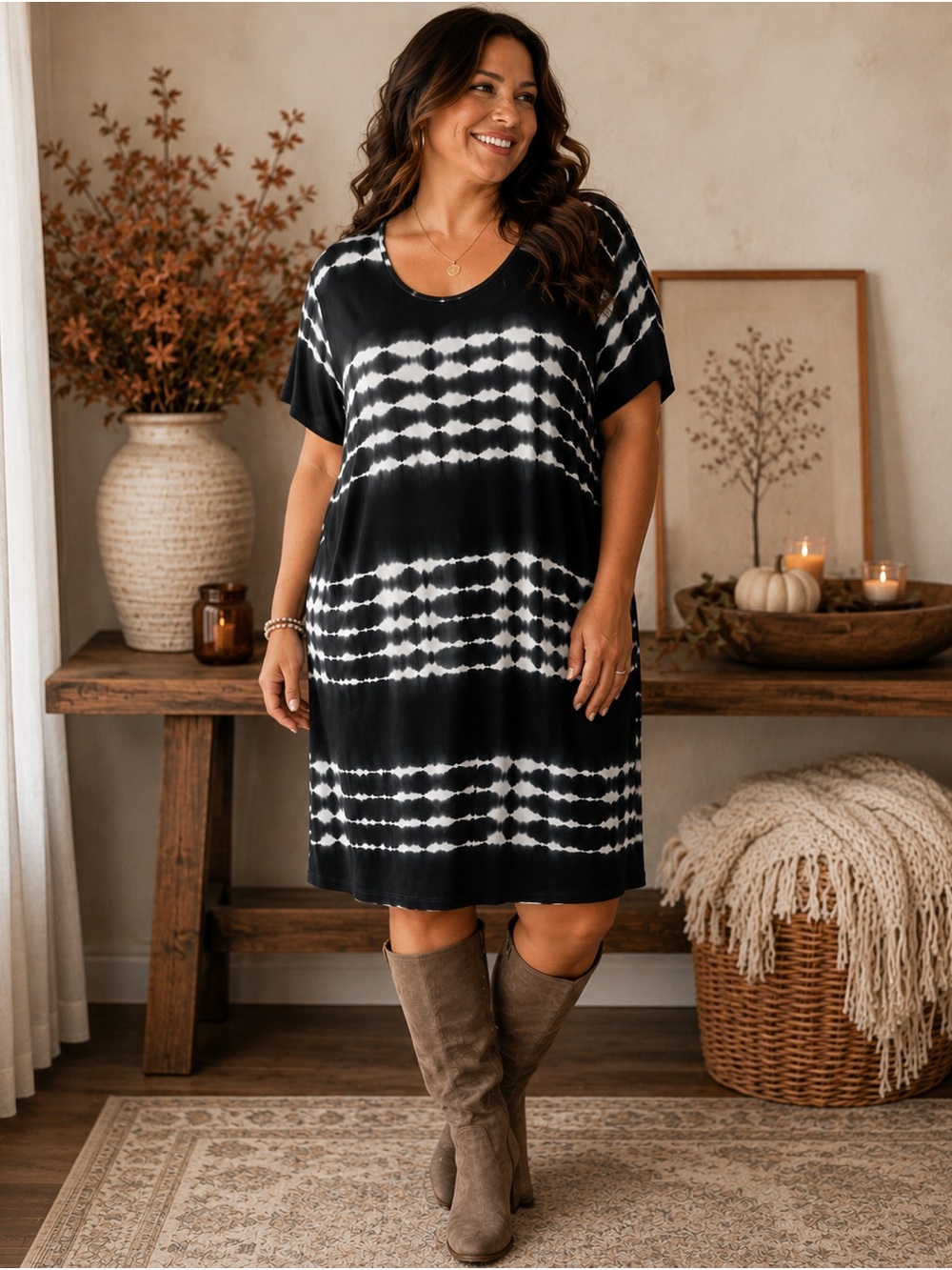 Relaxx Women's Dark Gray & White Tie-Dye Short Sleeve Shift Dress Plus Size 2X